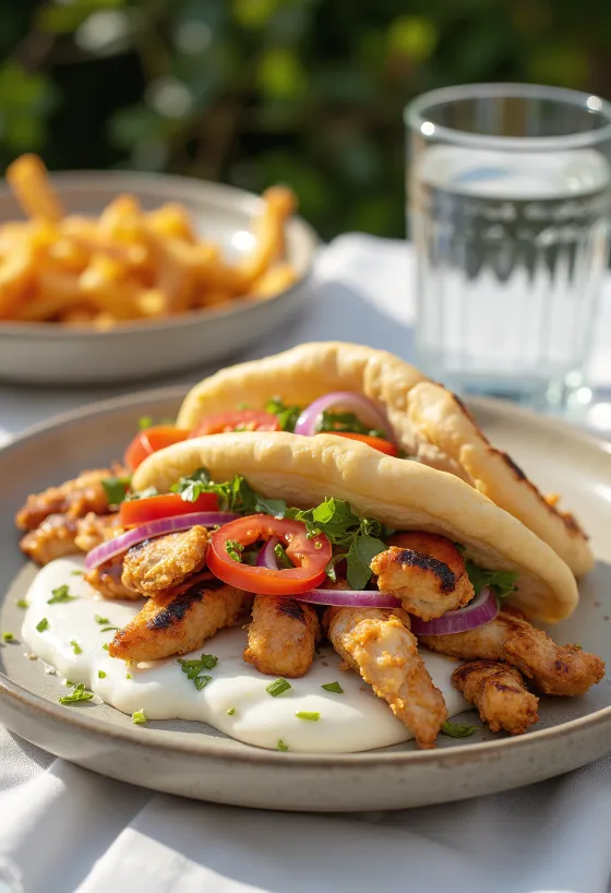Gyros de pollo servido en pan de pita