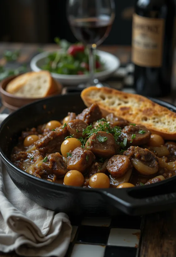 Boeuf Bourguignon, estofado de ternera al vino tinto servido con verduras
