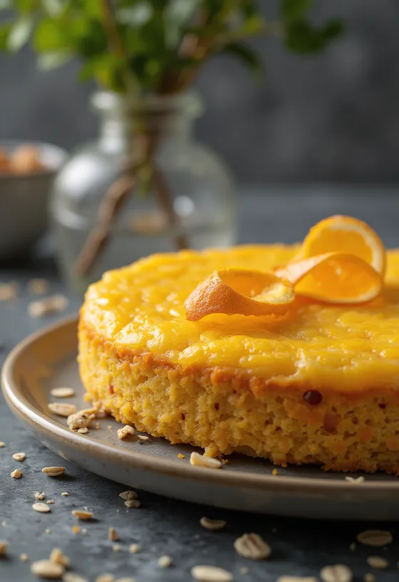 Pastel de avena y naranja servido
