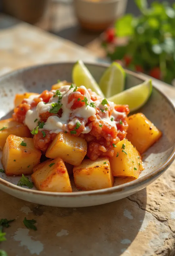 Papas chorreadas en versión vegana, con cremosa salsa de leche de coco y cilantro fresco