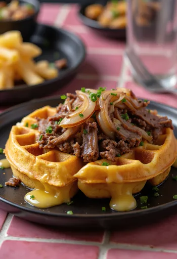 Gofre Philly cheesesteak recién hecho con ternera, pimiento y queso provolone