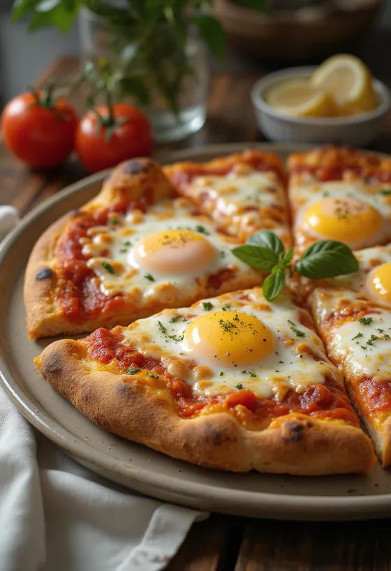 Pizza a Caballo con huevo frito, masa gruesa y mozzarella