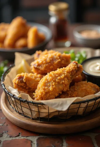 Alitas de pollo empanadas doradas y crujientes, servidas con verduras frescas y salsa.