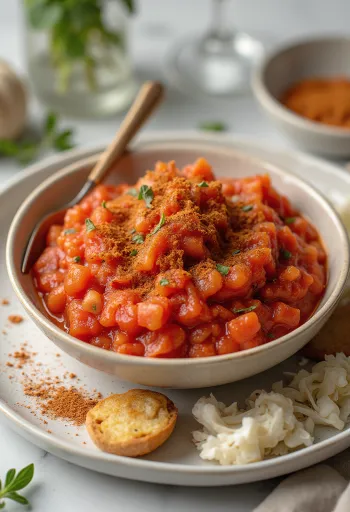 Salsa de tomate al pimentón y romero en un bol, decorada con romero fresco y pimentón.