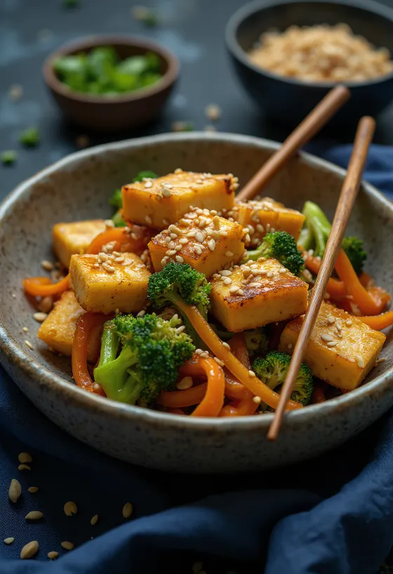 Bol de tofu salteado con verduras emplatado