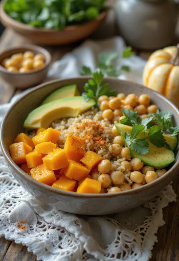 Buddha Bowl de calabaza con verduras frescas y quinoa