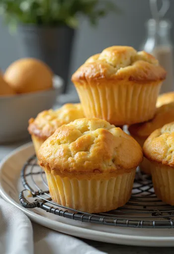Muffins de requesón tiernos horneados, espolvoreados con vainilla y azúcar glas