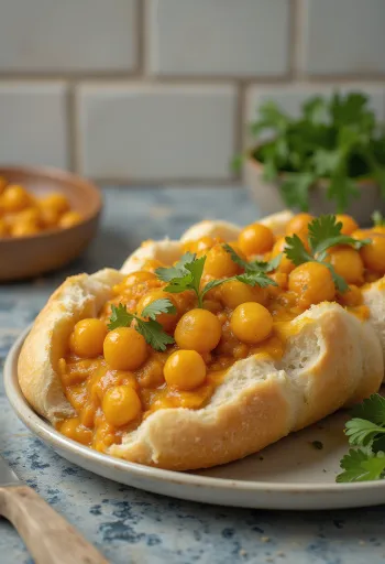 Bunny chow de garbanzos servido en pan, decorado con cilantro