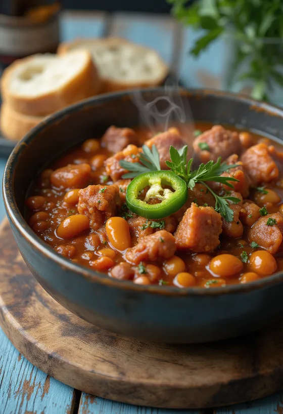 Goulash de alubias tradicional húngaro servido con abundantes verduras y carne, decorado con crema agria y perejil