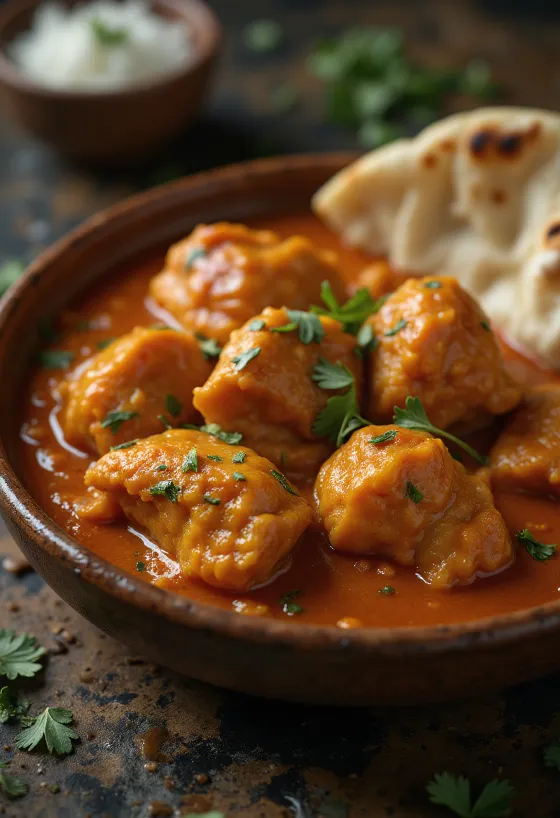 Pollo tikka masala en salsa cremosa de tomate, decorado con cilantro fresco