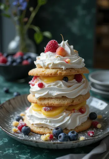 Tarta de merengue decorada con frutas