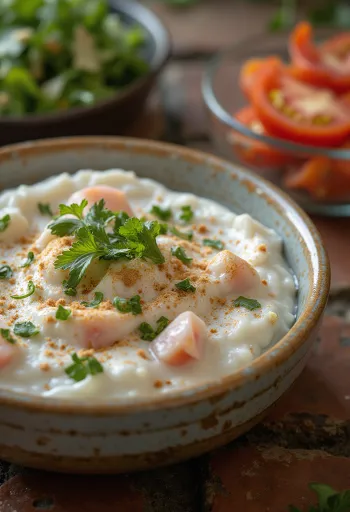 Raita de tomate fresca con yogur y decorada con cilantro