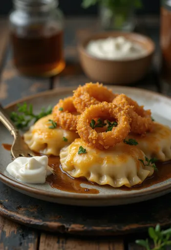 Pierogi de carne servidos con cebolla frita