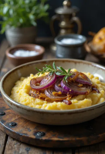 Polenta cremosa servida con cebolla roja asada al ajillo