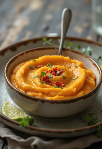 Puré de batata asada con cilantro emplatado