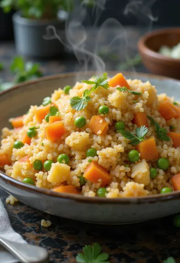 Pilaf de bulgur con verduras, servido