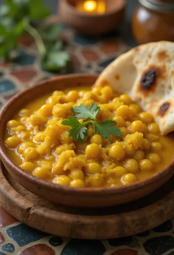Chana Dal, plato especiado amarillo dorado decorado con cilantro