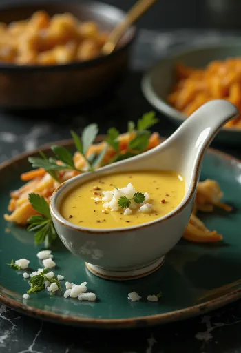 Salsa de cebolla cremosa al curry servida