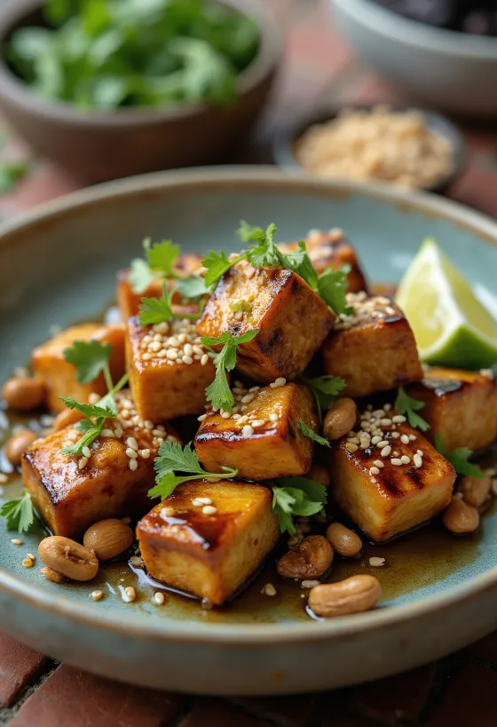 Tofu a la plancha con cacahuetes tostados