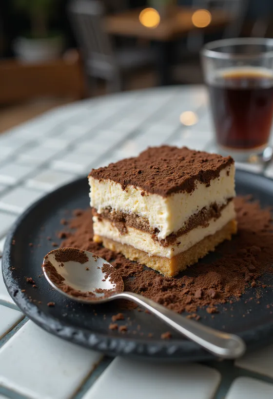 Tarta mousse de tiramisú espolvoreada con cacao