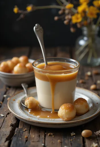 Pudin de caramelo coronado con nata montada y salsa de caramelo.