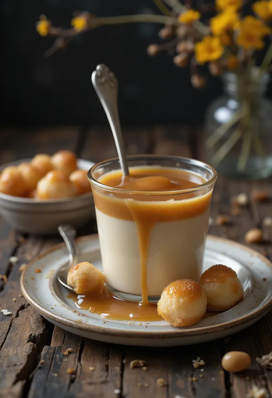 Pudin de caramelo coronado con nata montada y salsa de caramelo.