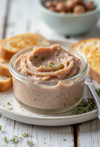 Paté de hígado cremoso untado en rebanadas de pan fresco, decorado con hierbas.