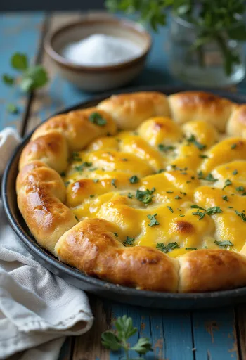 Focaccia de queso ahumado y mostaza servida