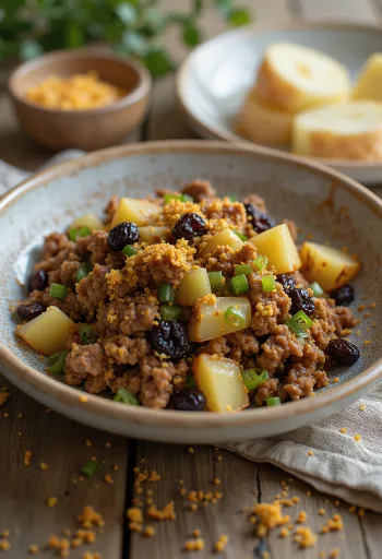Picadillo con pasas, plato rico en carne con verduras y pasas servido