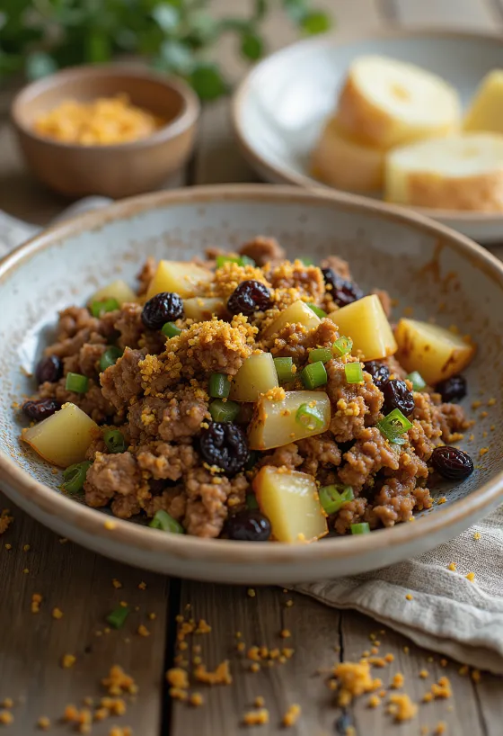 Picadillo con pasas, plato rico en carne con verduras y pasas servido