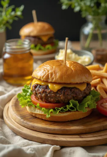 Hamburguesa de carne de foca servida con lechuga, tomate y mayonesa.