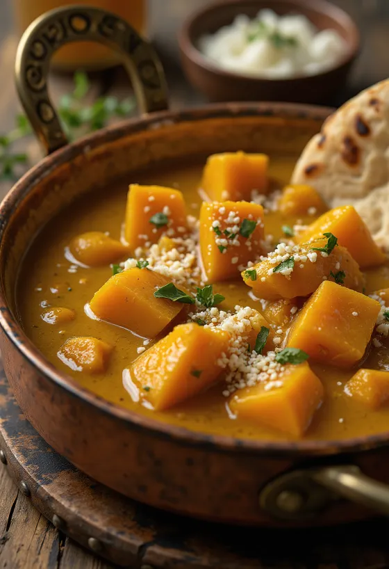Curry cremoso de calabaza con cilantro fresco emplatado