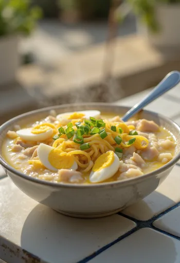 Arroz Caldo con jengibre, deliciosa sopa de pollo servida con cebolleta fresca y huevo cocido