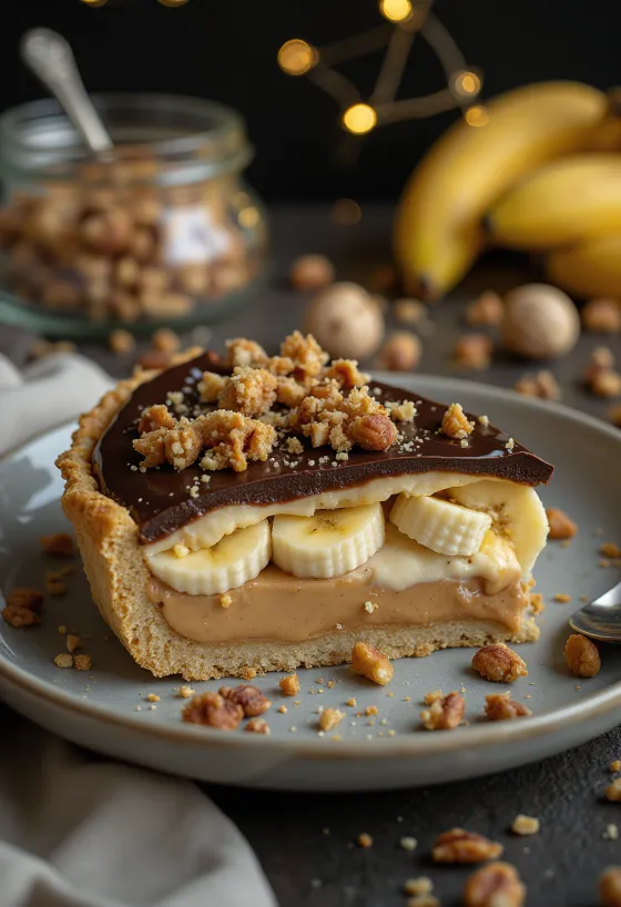 Tarta de plátano y cacahuete decorada con chocolate y avellanas