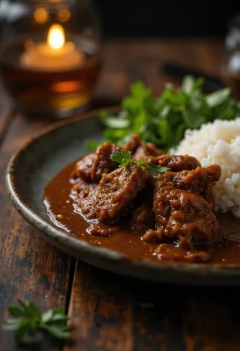Beef Rendang servido con arroz y cilantro fresco