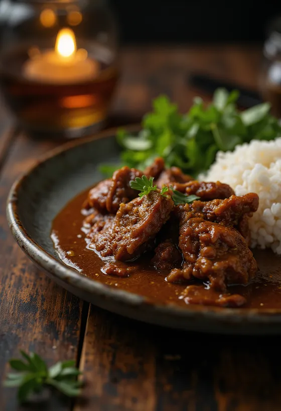 Beef Rendang servido con arroz y cilantro fresco