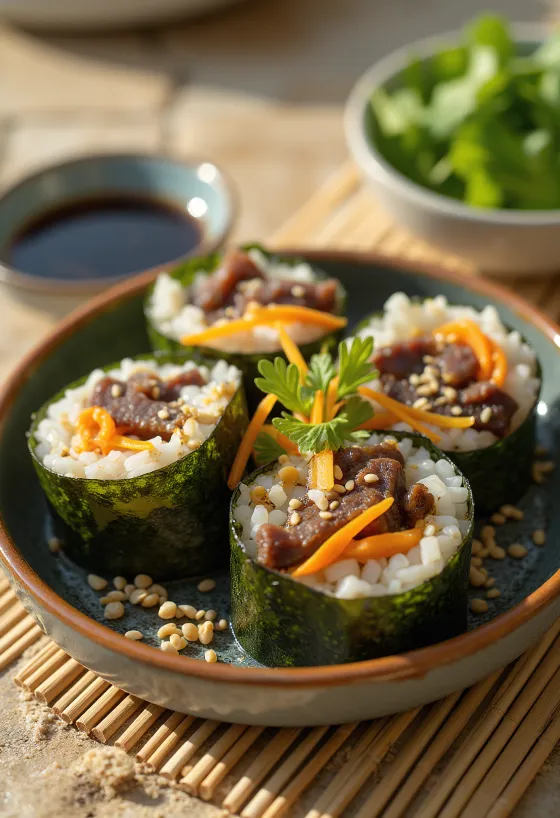 Kimbap de Bulgogi, rollo coreano con bulgogi, verduras frescas y huevo, decorado con sésamo