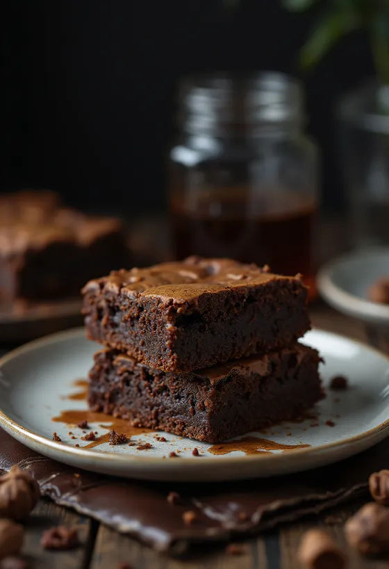 Brownie de chocolate con corteza crujiente e interior húmedo, cortado en porciones