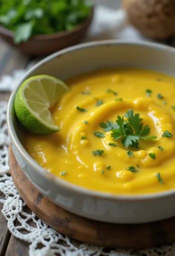 Salsa de coco y lima al curry servida en cuenco
