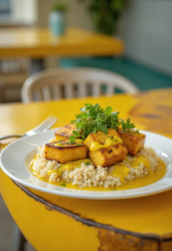 Curry de quinoa y tofu con tahini servido