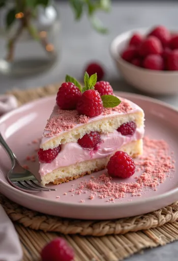 Tarta de yogur y frambuesa servida con frambuesas frescas y azúcar glas