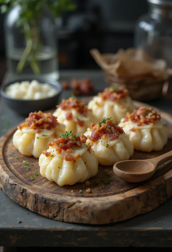 Sztrapacska con queso de oveja, servida con crema agria y panceta frita.