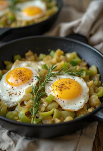 Sartén de huevos y puerro prebiótico con nata, decorado con perejil fresco