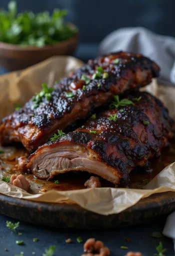 Costillas de búfalo ahumadas servidas en una fuente rústica con salsa barbacoa.