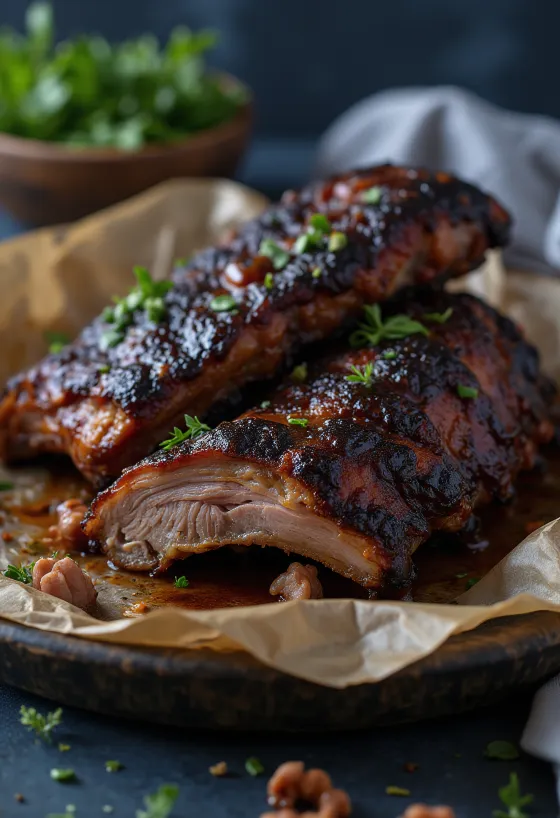 Costillas de búfalo ahumadas servidas en una fuente rústica con salsa barbacoa.
