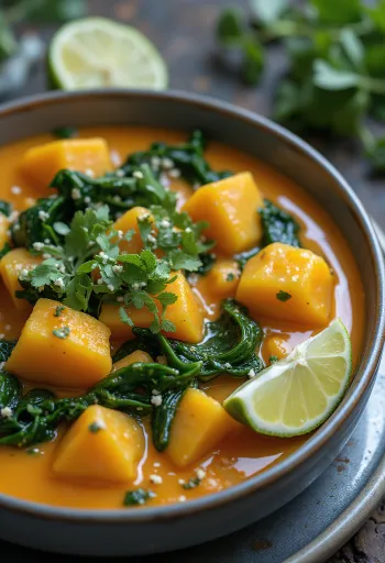 Curry de calabaza con espinacas emplatado