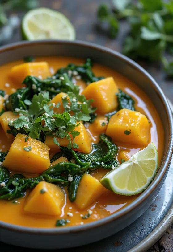 Curry de calabaza con espinacas emplatado