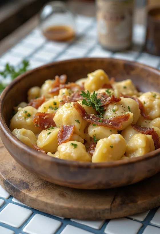 Sztrapacska con queso de oveja y daditos de panceta crujiente