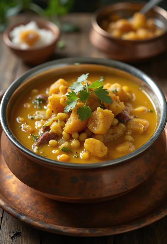 Araichuvitta Kootu, servido con verduras frescas y lentejas