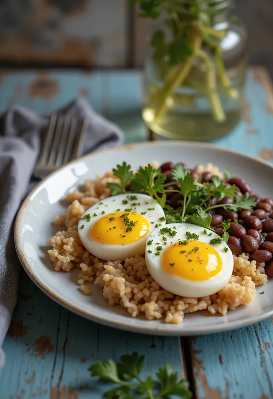 Baião de dois con huevo, servido con cilantro fresco